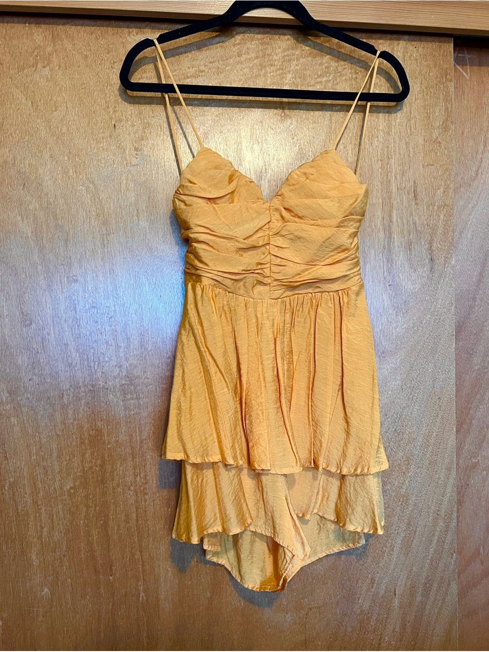 Golden Yellow Tiered Satin Romper with Spaghetti Straps